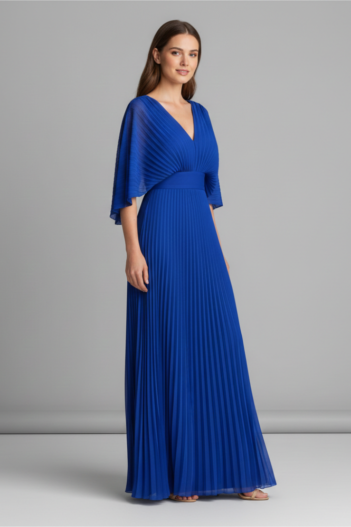 Women's Maxi Dress with V-Neck and Pleated Skirt | Elegant Long-Sleeve Dress with Waist Seam for Any Occasion