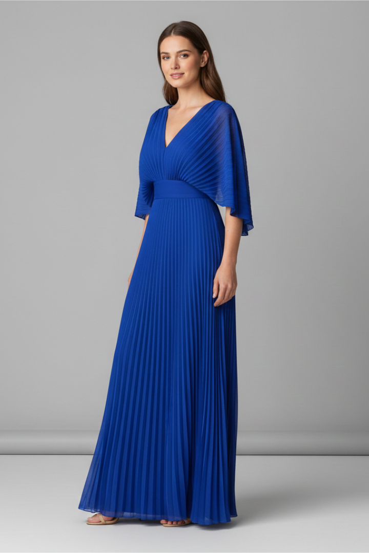Women's Maxi Dress with V-Neck and Pleated Skirt | Elegant Long-Sleeve Dress with Waist Seam for Any Occasion