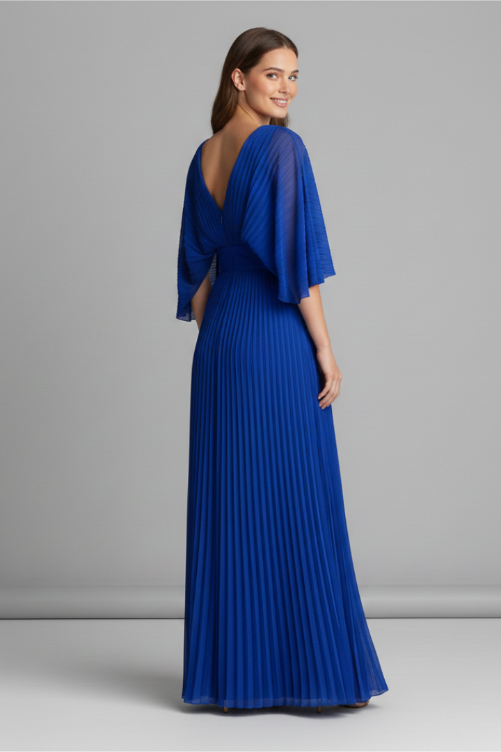 Women's Maxi Dress with V-Neck and Pleated Skirt | Elegant Long-Sleeve Dress with Waist Seam for Any Occasion