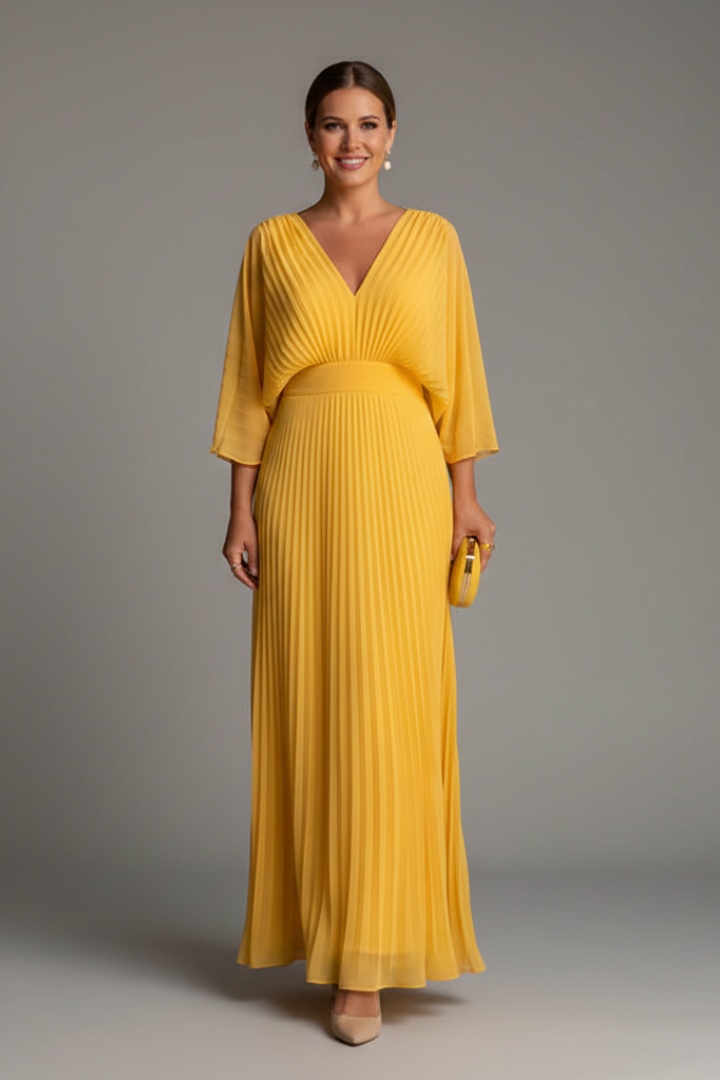 Women's Maxi Dress with V-Neck and Pleated Skirt | Elegant Long-Sleeve Dress with Waist Seam for Any Occasion