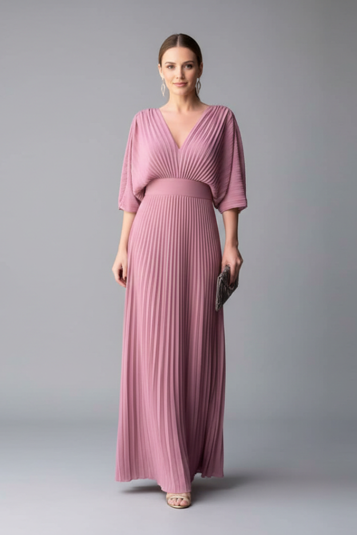 Women's Maxi Dress with V-Neck and Pleated Skirt | Elegant Long-Sleeve Dress with Waist Seam for Any Occasion