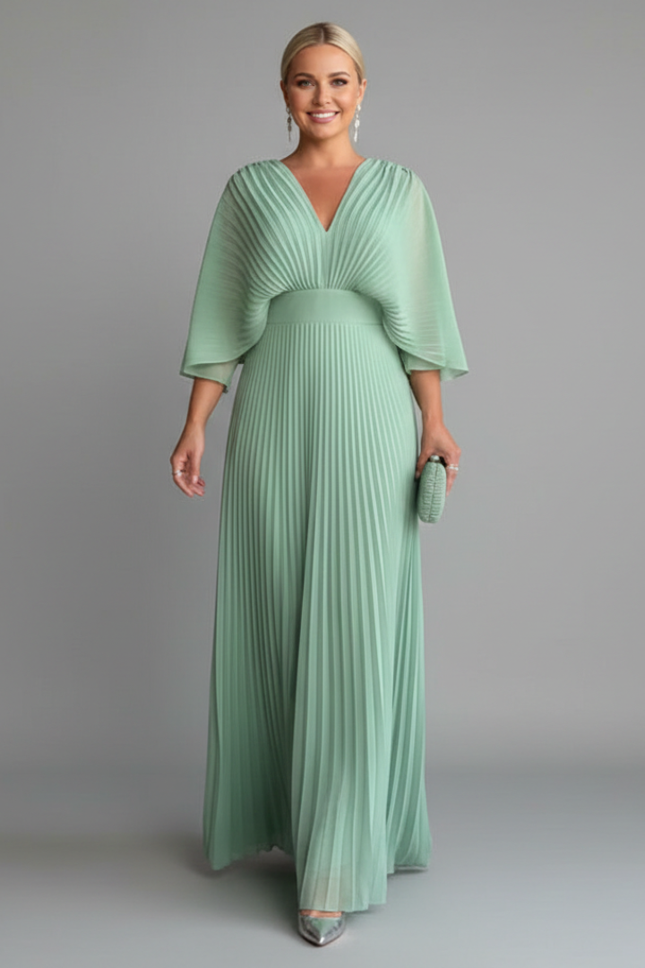 Women's Maxi Dress with V-Neck and Pleated Skirt | Elegant Long-Sleeve Dress with Waist Seam for Any Occasion