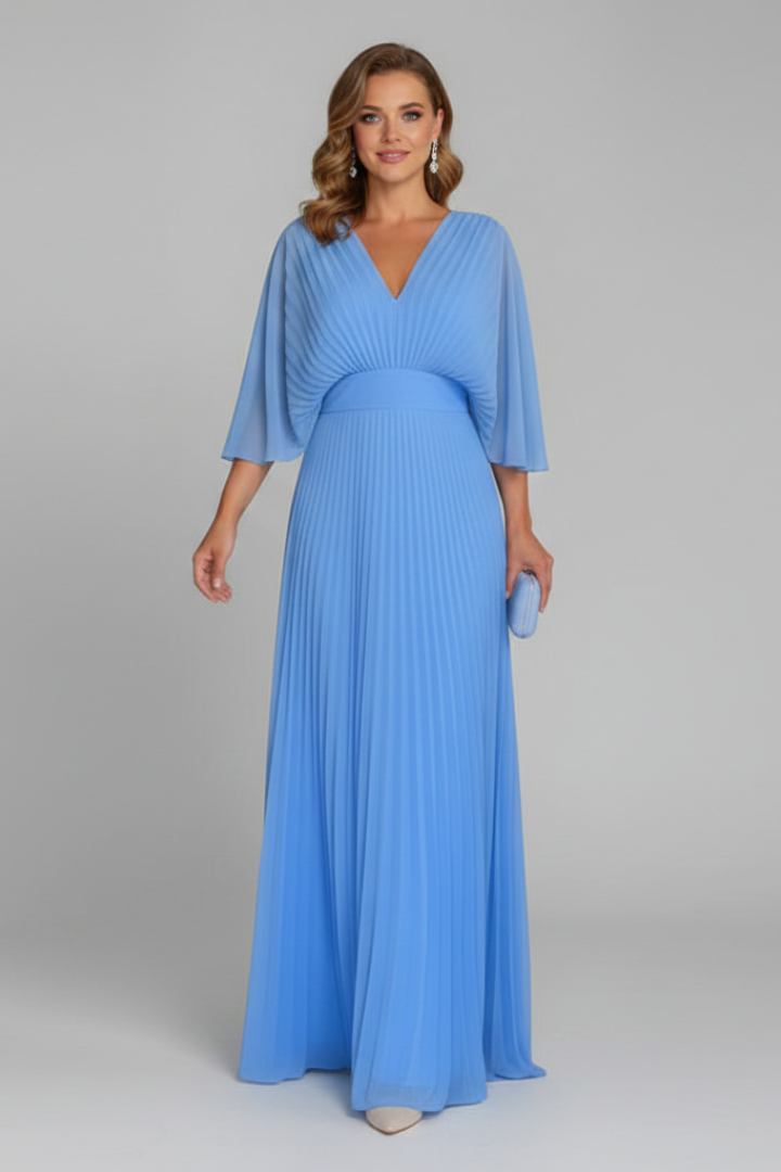 Women's Maxi Dress with V-Neck and Pleated Skirt | Elegant Long-Sleeve Dress with Waist Seam for Any Occasion