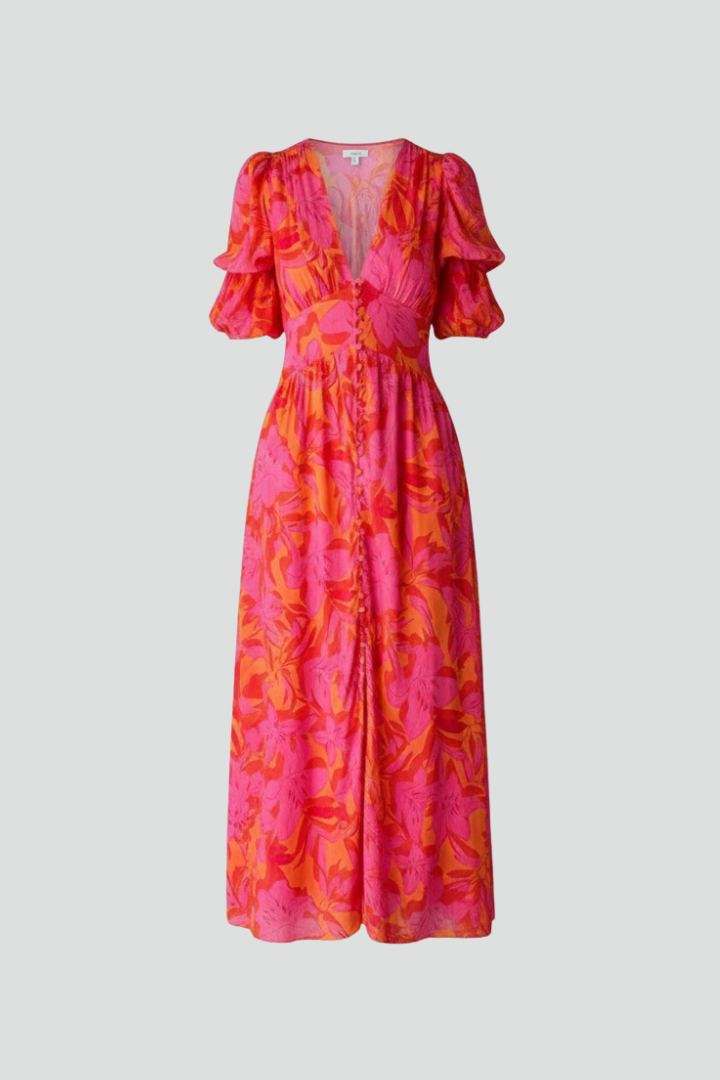 Maxikleid Damen mit V-Ausschnitt und Puffärmeln | Bodenlanges Kleid mit Taillennaht und Allover-Print für jeden Tag