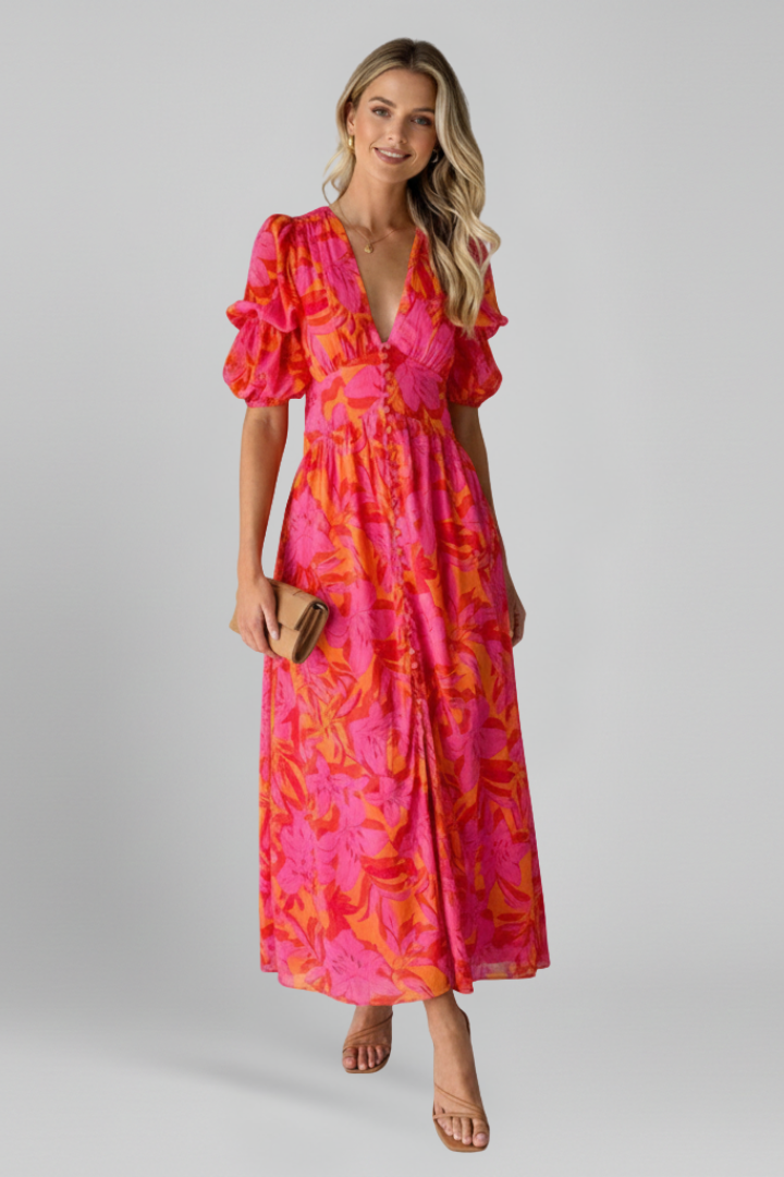 Maxikleid Damen mit V-Ausschnitt und Puffärmeln | Bodenlanges Kleid mit Taillennaht und Allover-Print für jeden Tag