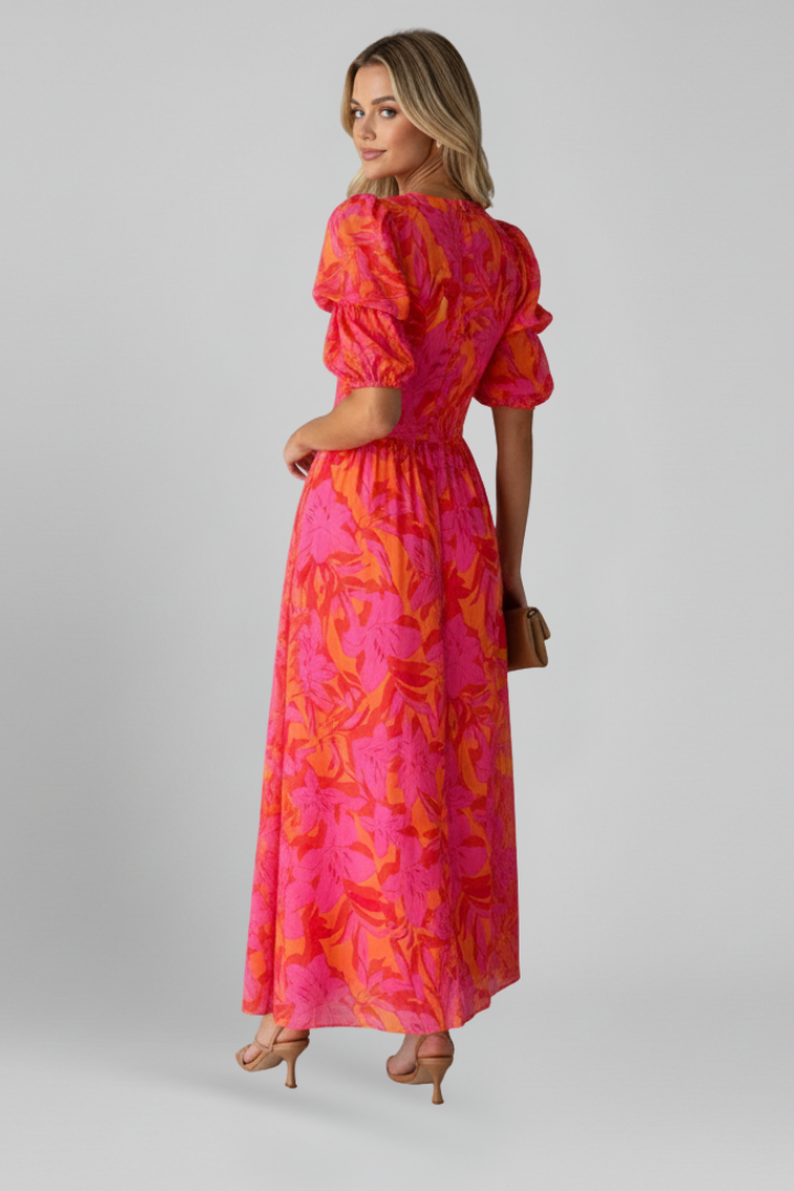 Maxikleid Damen mit V-Ausschnitt und Puffärmeln | Bodenlanges Kleid mit Taillennaht und Allover-Print für jeden Tag