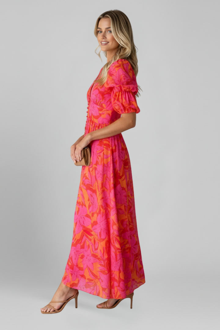 Maxikleid Damen mit V-Ausschnitt und Puffärmeln | Bodenlanges Kleid mit Taillennaht und Allover-Print für jeden Tag