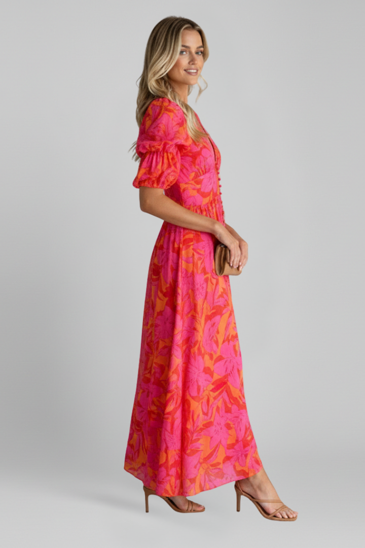 Maxikleid Damen mit V-Ausschnitt und Puffärmeln | Bodenlanges Kleid mit Taillennaht und Allover-Print für jeden Tag