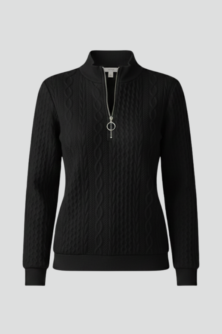 Women's Cable Knit Sweater with Zippered Collar | Classic Troyer Sweater with Straight Hem