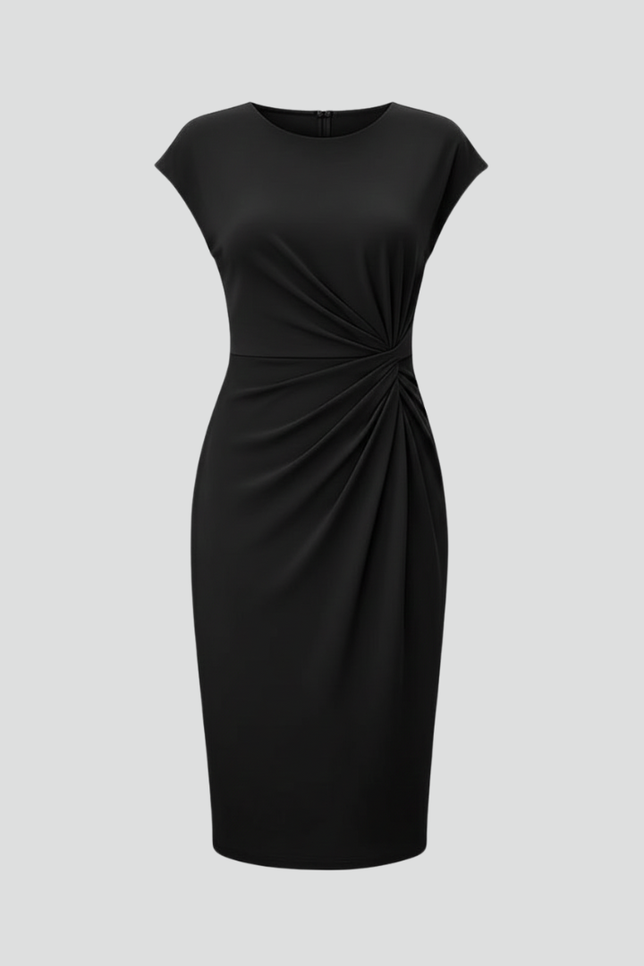 Women's Knee-Length Dress with Round Neckline and Side Ruching | Fitted Sheath Dress with Short Sleeves for Every Occasion