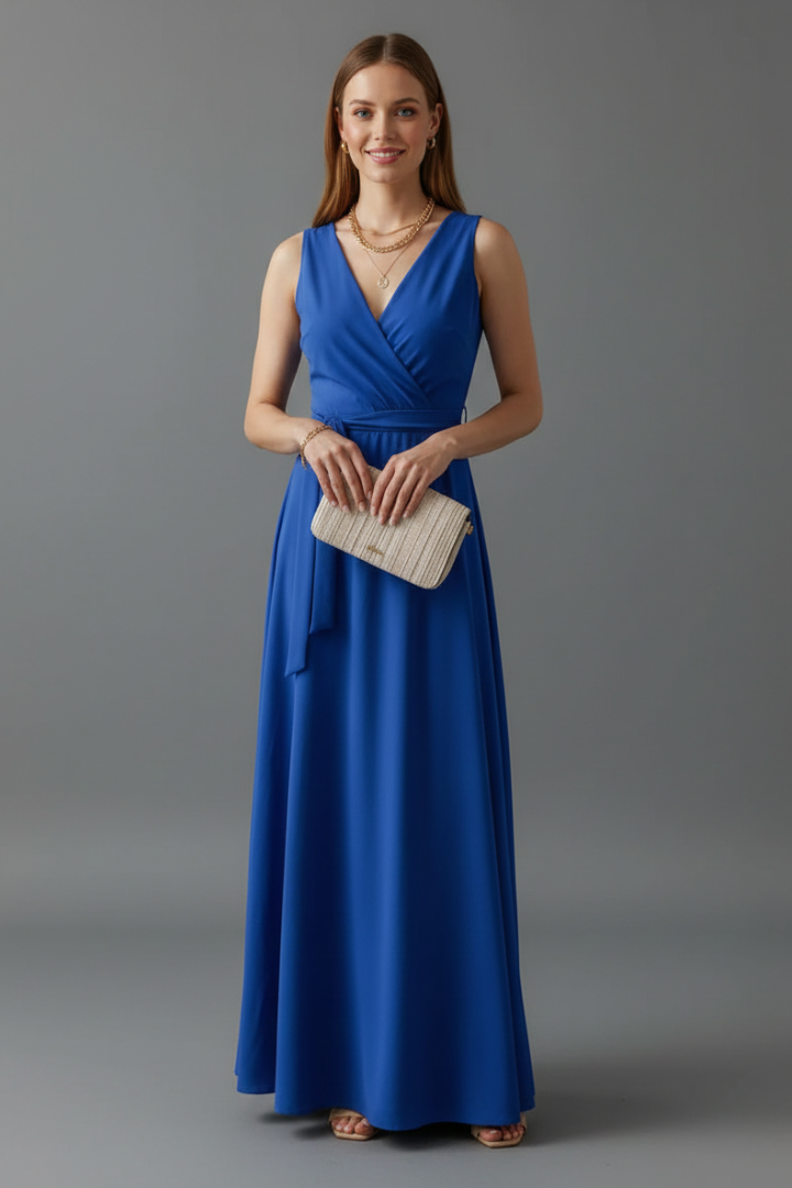 Ärmelloses Maxikleid für Damen mit V-Ausschnitt und Bindegürtel | Bodenlanges Sommerkleid aus gewebtem Stoff für jeden Anlass