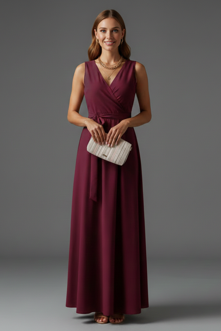 Ärmelloses Maxikleid für Damen mit V-Ausschnitt und Bindegürtel | Bodenlanges Sommerkleid aus gewebtem Stoff für jeden Anlass