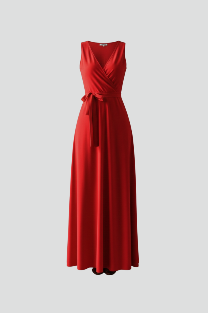 Ärmelloses Maxikleid für Damen mit V-Ausschnitt und Bindegürtel | Bodenlanges Sommerkleid aus gewebtem Stoff für jeden Anlass
