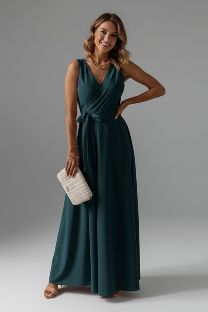 Ärmelloses Maxikleid für Damen mit V-Ausschnitt und Bindegürtel | Bodenlanges Sommerkleid aus gewebtem Stoff für jeden Anlass