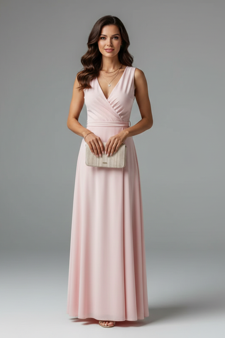 Ärmelloses Maxikleid für Damen mit V-Ausschnitt und Bindegürtel | Bodenlanges Sommerkleid aus gewebtem Stoff für jeden Anlass