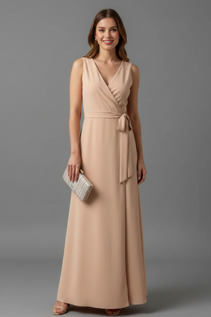 Ärmelloses Maxikleid für Damen mit V-Ausschnitt und Bindegürtel | Bodenlanges Sommerkleid aus gewebtem Stoff für jeden Anlass