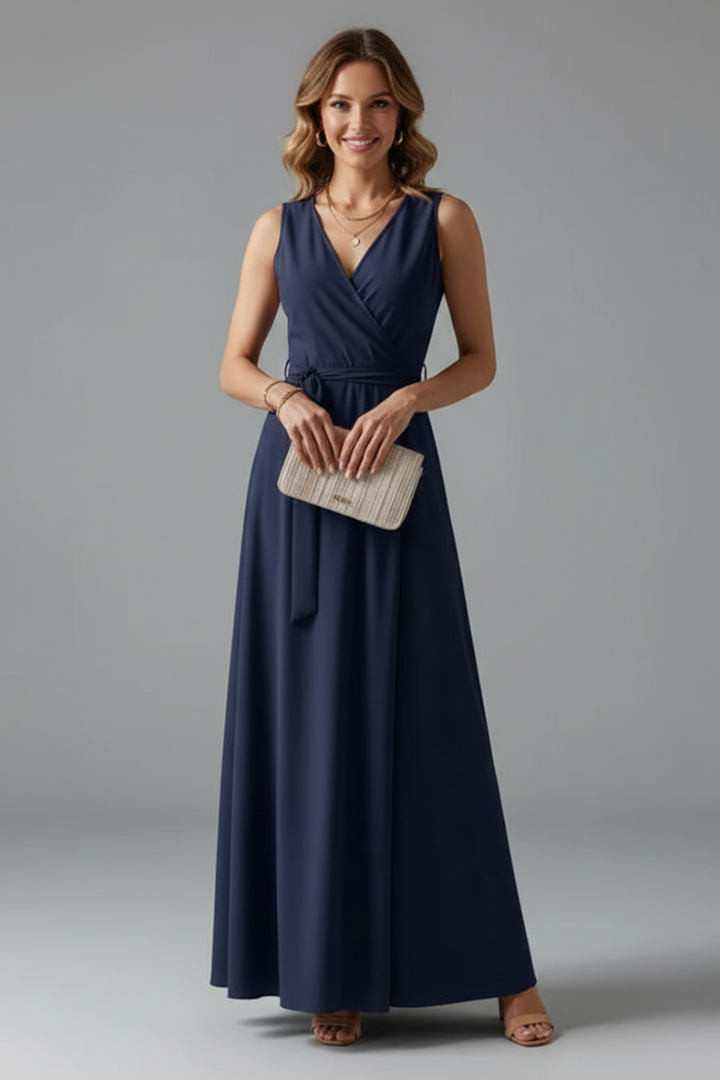 Ärmelloses Maxikleid für Damen mit V-Ausschnitt und Bindegürtel | Bodenlanges Sommerkleid aus gewebtem Stoff für jeden Anlass