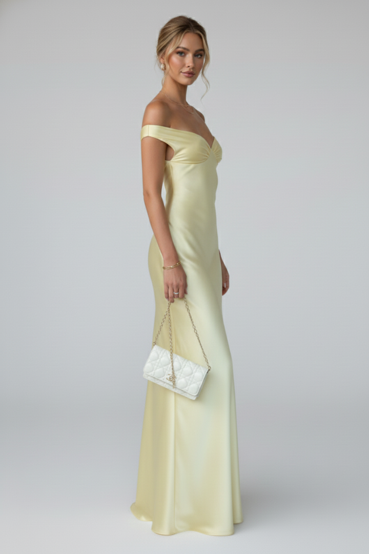 Women's maxi dress with off-shoulder neckline and fitted bodice