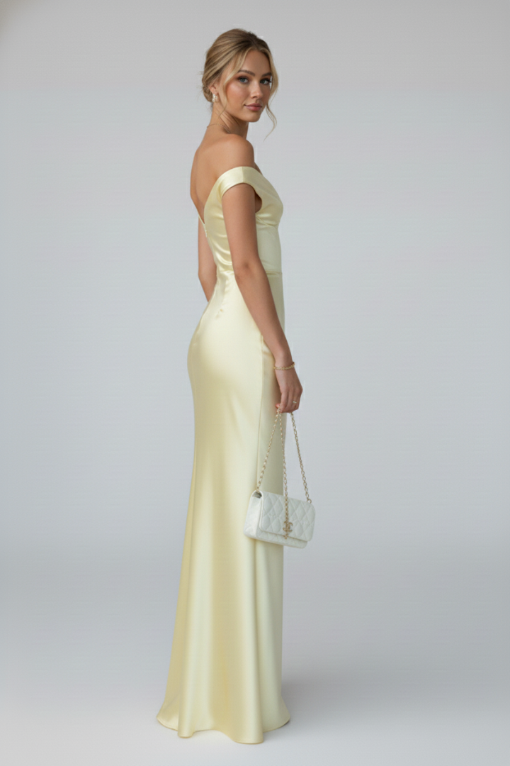 Women's maxi dress with off-shoulder neckline and fitted bodice