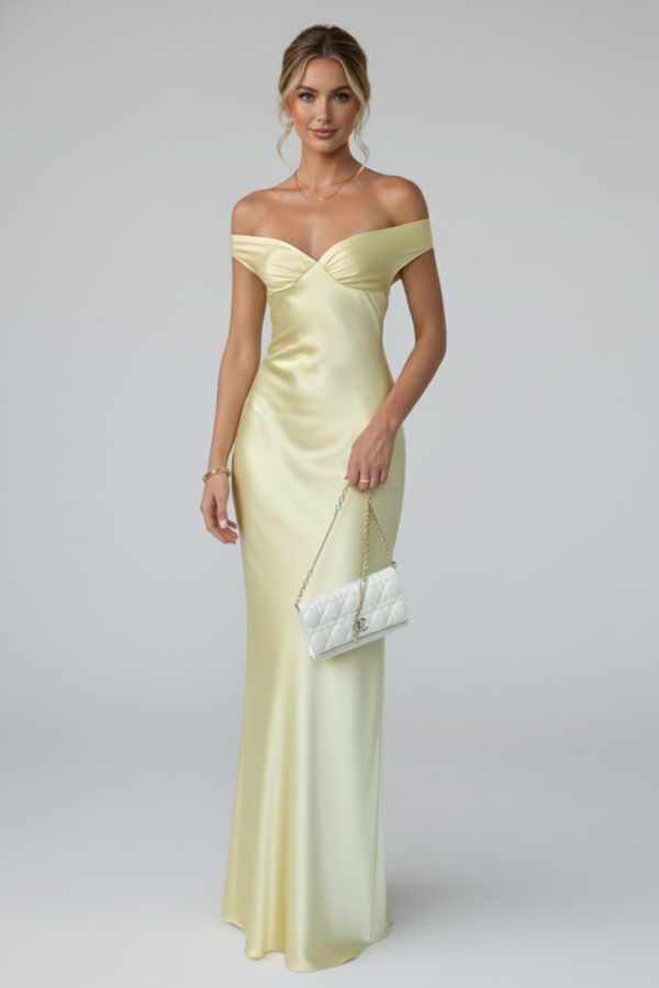 Elegantes Damen Maxikleid mit Off-Shoulder Ausschnitt und figurbetontem Oberteil – Bodenlanges Kleid für besondere Anlässe