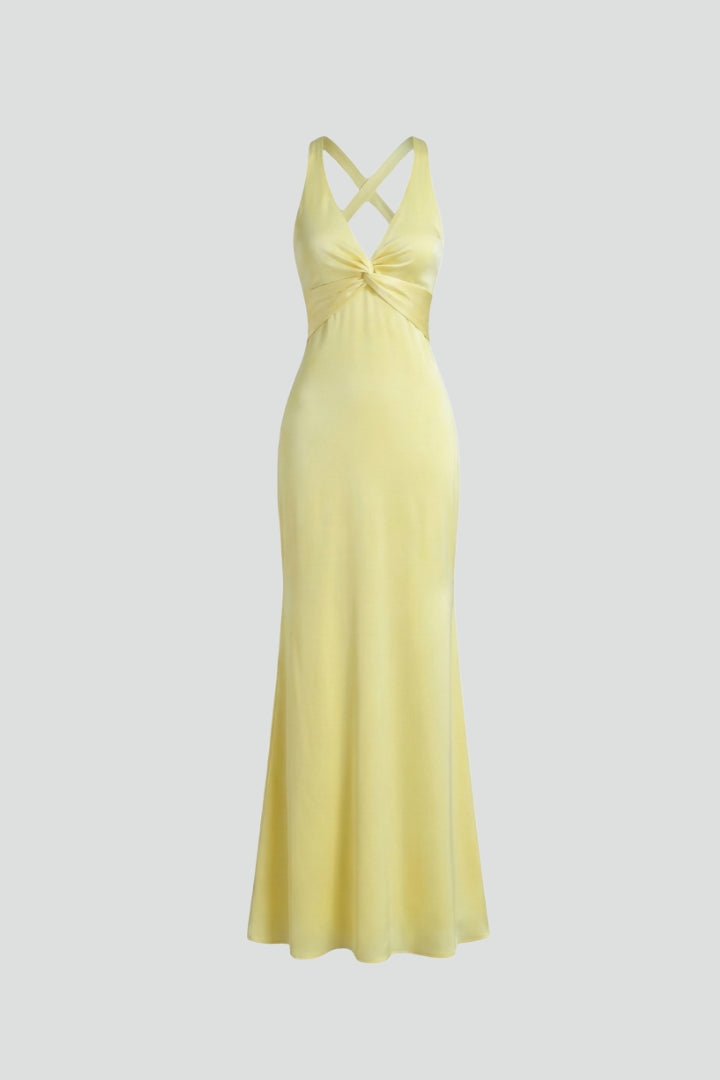 Ärmelloses Damen Maxikleid mit tiefem V-Ausschnitt und taillierter Passform – Bodenlanges Kleid mit ausgestelltem Saum