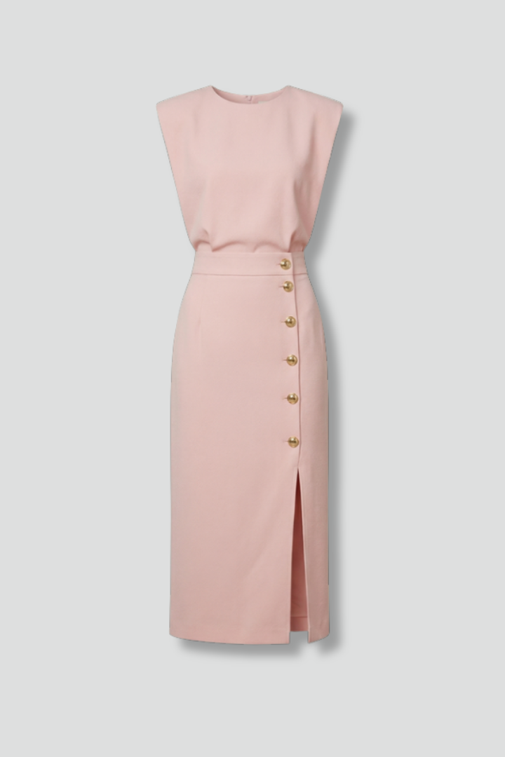 Damen Midikleid mit Rundhalsausschnitt und seitlichem Schlitz | Ärmelloses Kleid mit Knopfleiste und tailliertem Schnitt