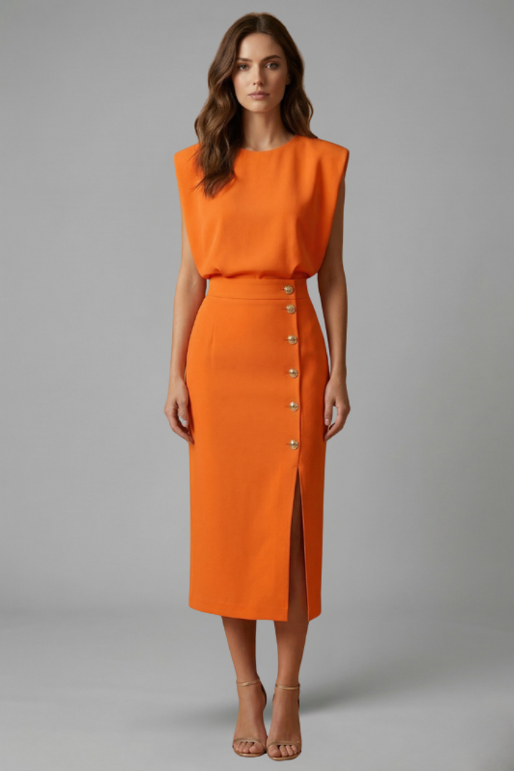 Damen Midikleid mit Rundhalsausschnitt und seitlichem Schlitz | Ärmelloses Kleid mit Knopfleiste und tailliertem Schnitt