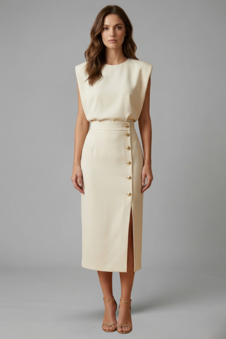 Damen Midikleid mit Rundhalsausschnitt und seitlichem Schlitz | Ärmelloses Kleid mit Knopfleiste und tailliertem Schnitt