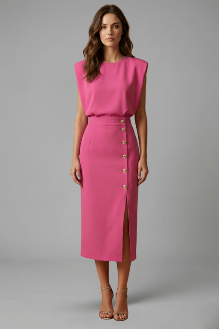 Damen Midikleid mit Rundhalsausschnitt und seitlichem Schlitz | Ärmelloses Kleid mit Knopfleiste und tailliertem Schnitt