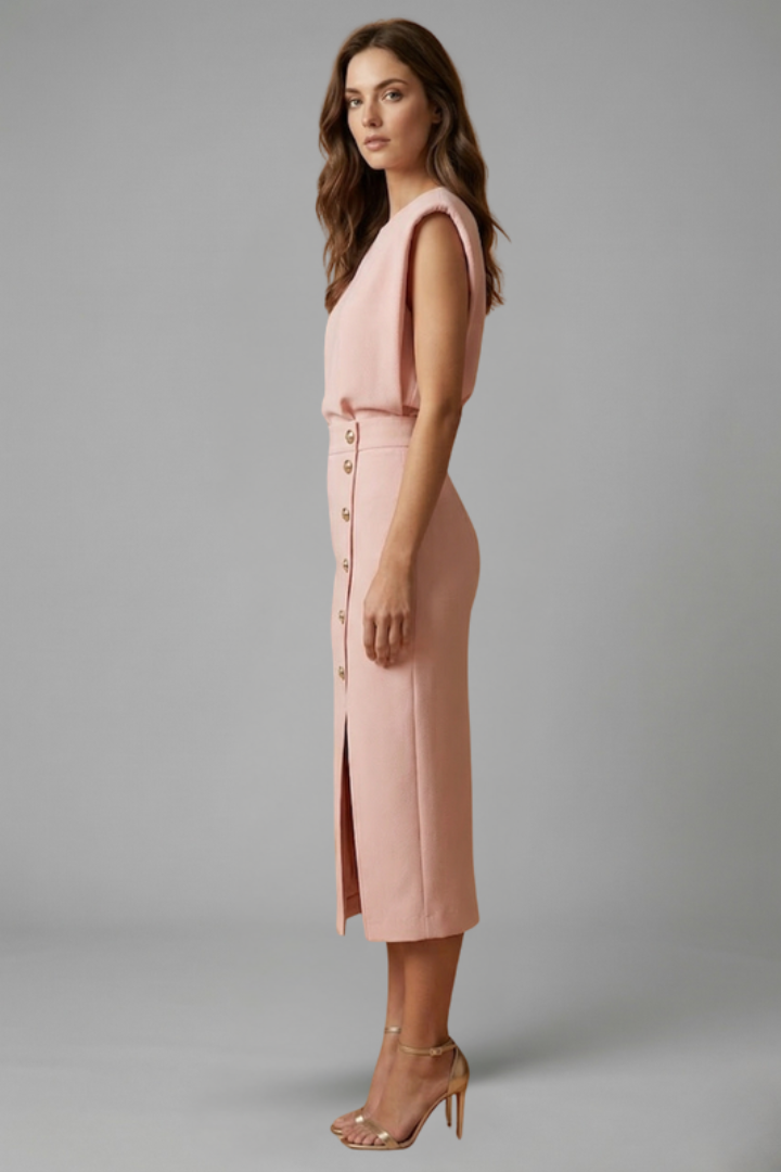 Damen Midikleid mit Rundhalsausschnitt und seitlichem Schlitz | Ärmelloses Kleid mit Knopfleiste und tailliertem Schnitt