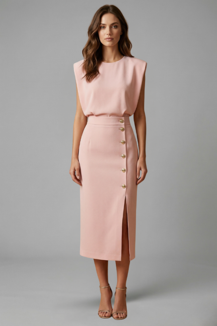 Damen Midikleid mit Rundhalsausschnitt und seitlichem Schlitz | Ärmelloses Kleid mit Knopfleiste und tailliertem Schnitt