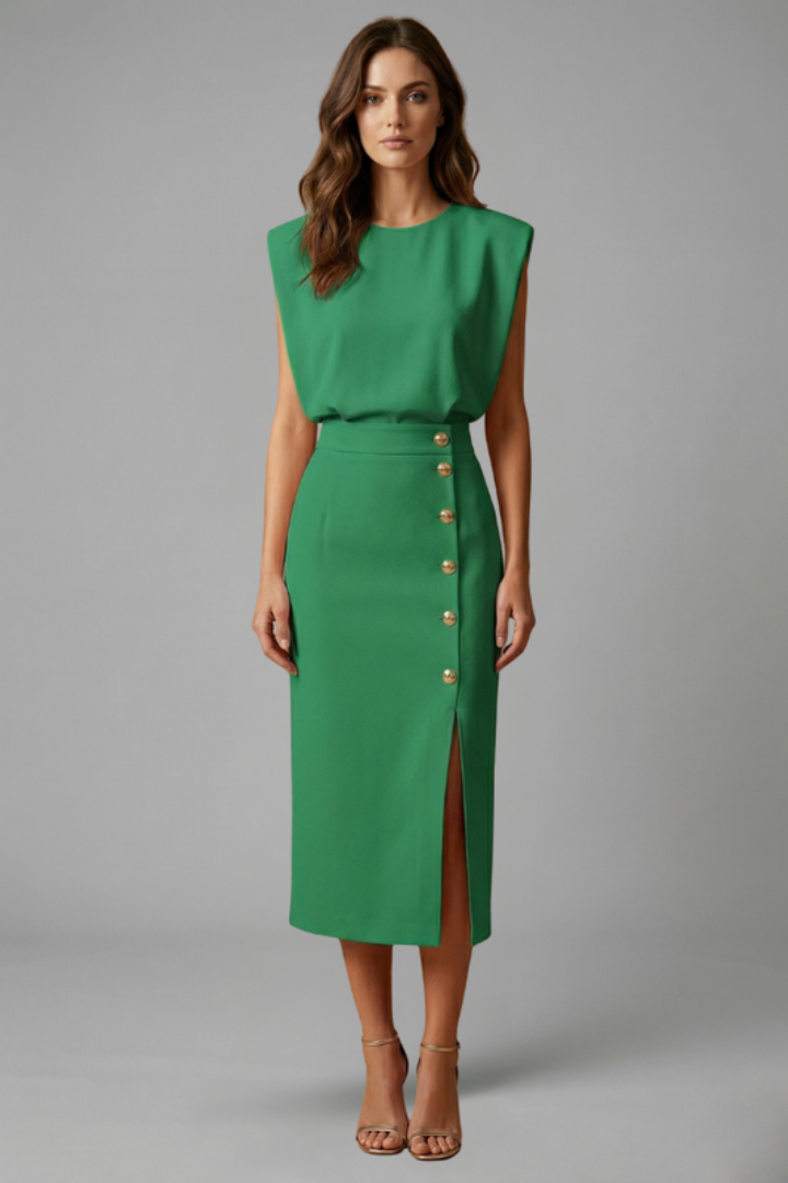 Damen Midikleid mit Rundhalsausschnitt und seitlichem Schlitz | Ärmelloses Kleid mit Knopfleiste und tailliertem Schnitt