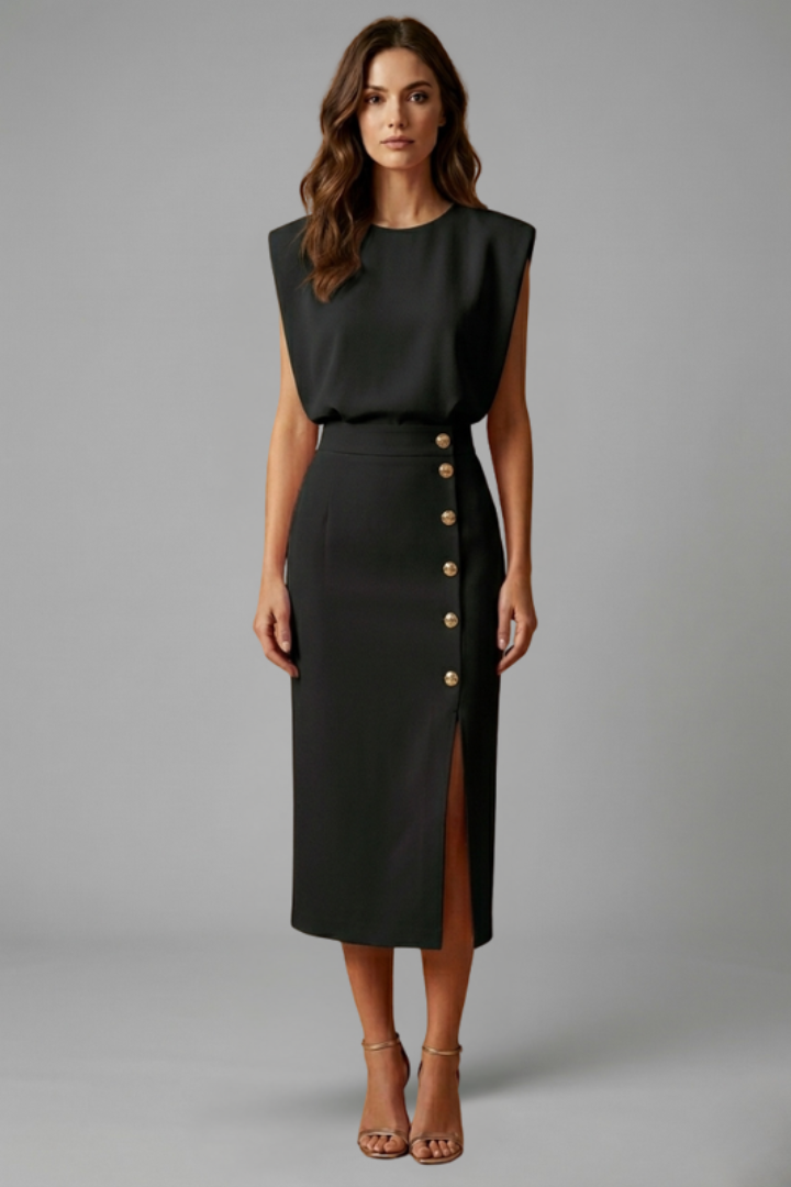 Damen Midikleid mit Rundhalsausschnitt und seitlichem Schlitz | Ärmelloses Kleid mit Knopfleiste und tailliertem Schnitt