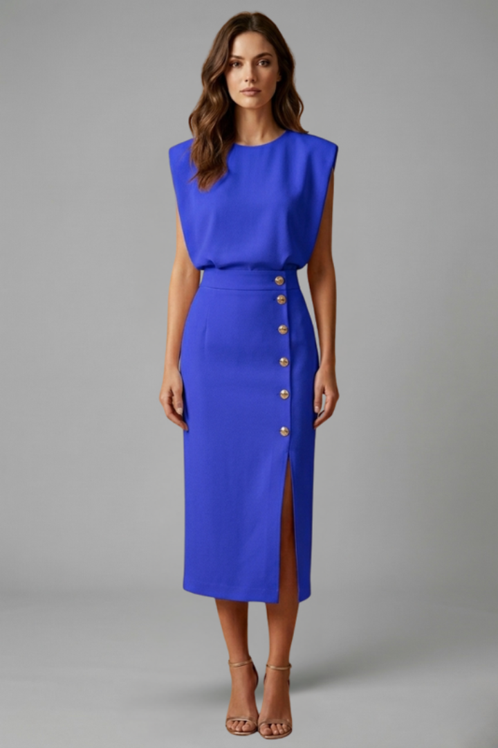 Damen Midikleid mit Rundhalsausschnitt und seitlichem Schlitz | Ärmelloses Kleid mit Knopfleiste und tailliertem Schnitt