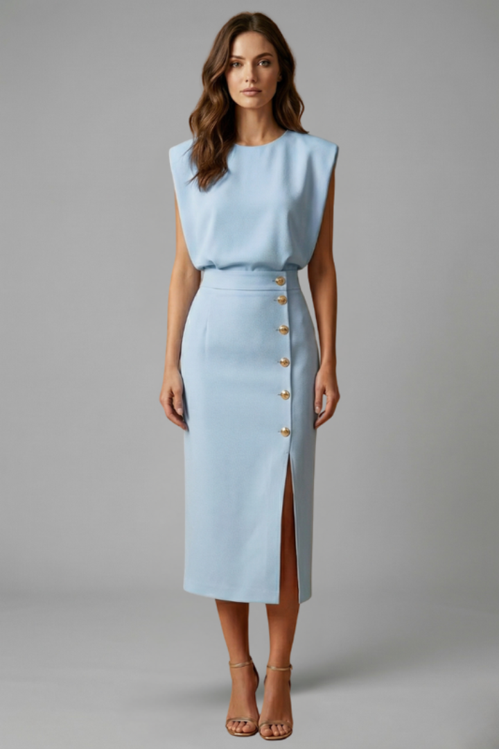 Damen Midikleid mit Rundhalsausschnitt und seitlichem Schlitz | Ärmelloses Kleid mit Knopfleiste und tailliertem Schnitt