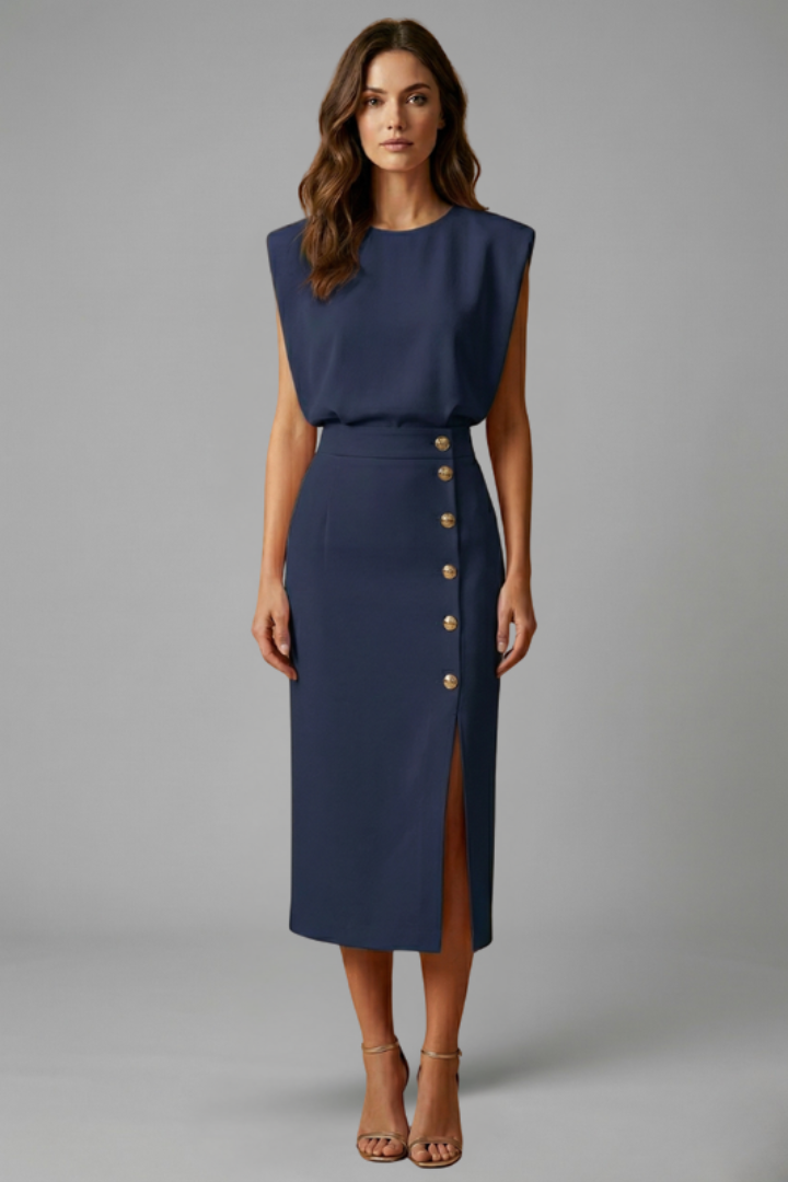 Damen Midikleid mit Rundhalsausschnitt und seitlichem Schlitz | Ärmelloses Kleid mit Knopfleiste und tailliertem Schnitt