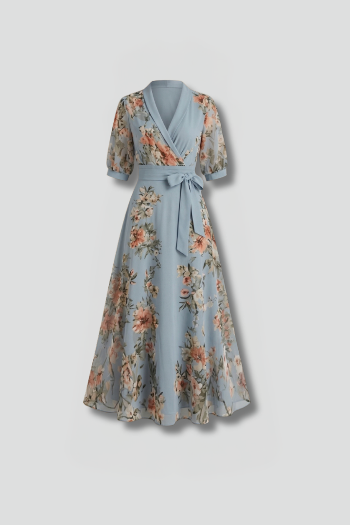Women's Midi Dress with V-Neck and Floral Pattern | Short Sleeve Casual Dress with Stretch and Fitted Waist