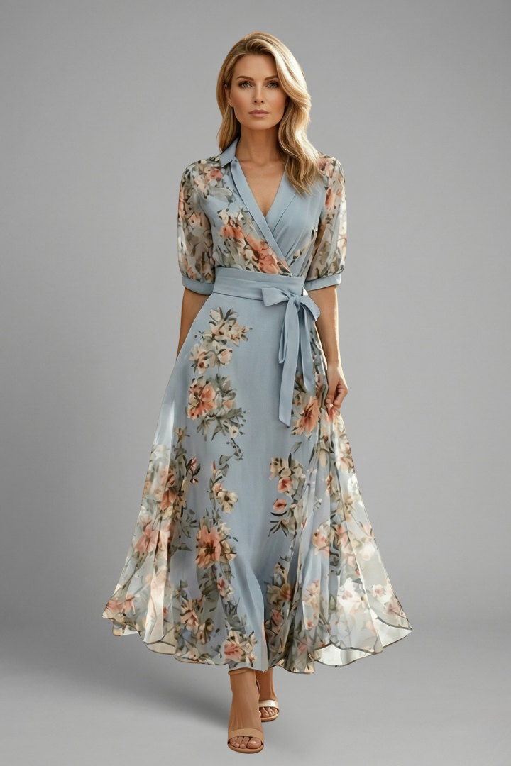Women's Midi Dress with V-Neck and Floral Pattern | Short Sleeve Casual Dress with Stretch and Fitted Waist