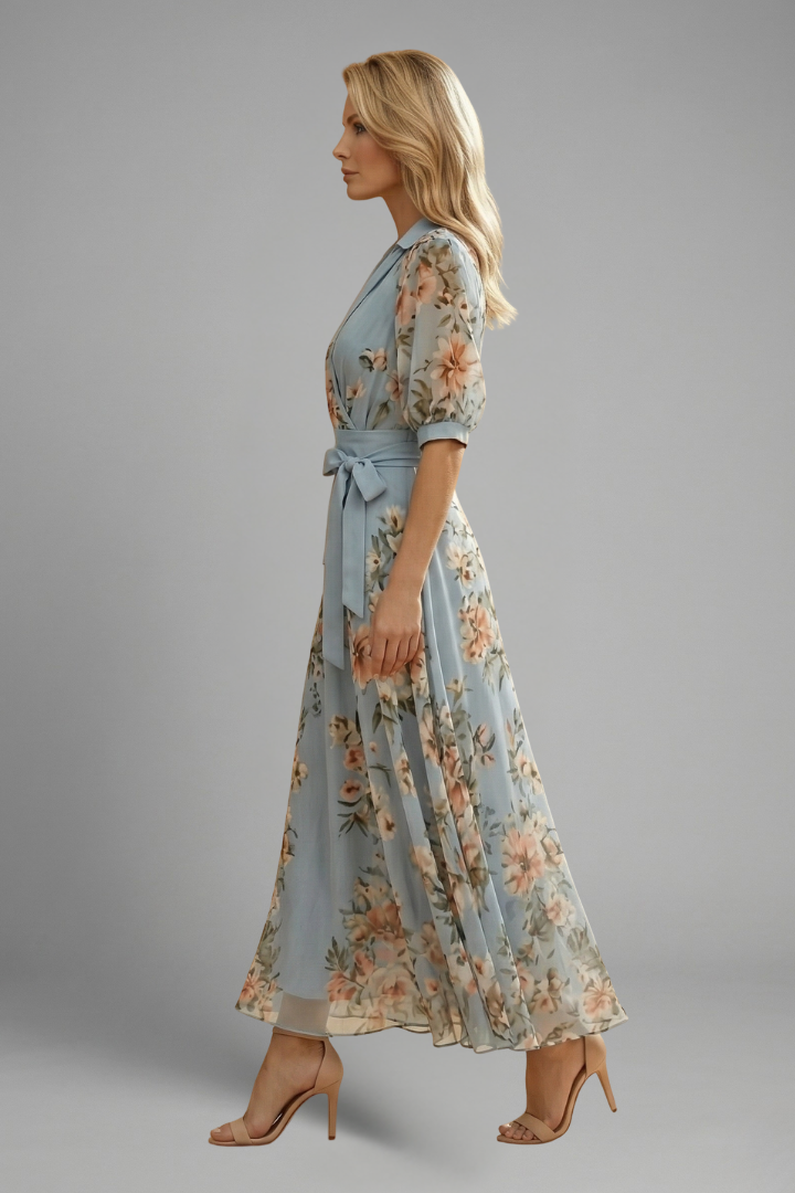 Women's Midi Dress with V-Neck and Floral Pattern | Short Sleeve Casual Dress with Stretch and Fitted Waist