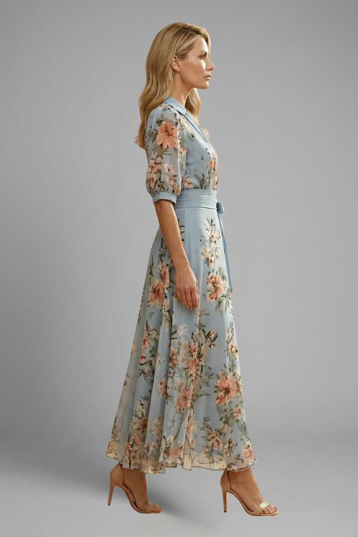 Women's Midi Dress with V-Neck and Floral Pattern | Short Sleeve Casual Dress with Stretch and Fitted Waist