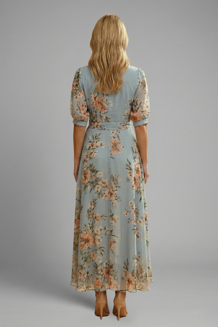 Women's Midi Dress with V-Neck and Floral Pattern | Short Sleeve Casual Dress with Stretch and Fitted Waist