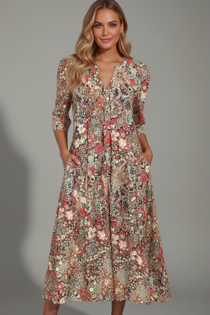 Women's midi dress with V-neck and three-quarter sleeves