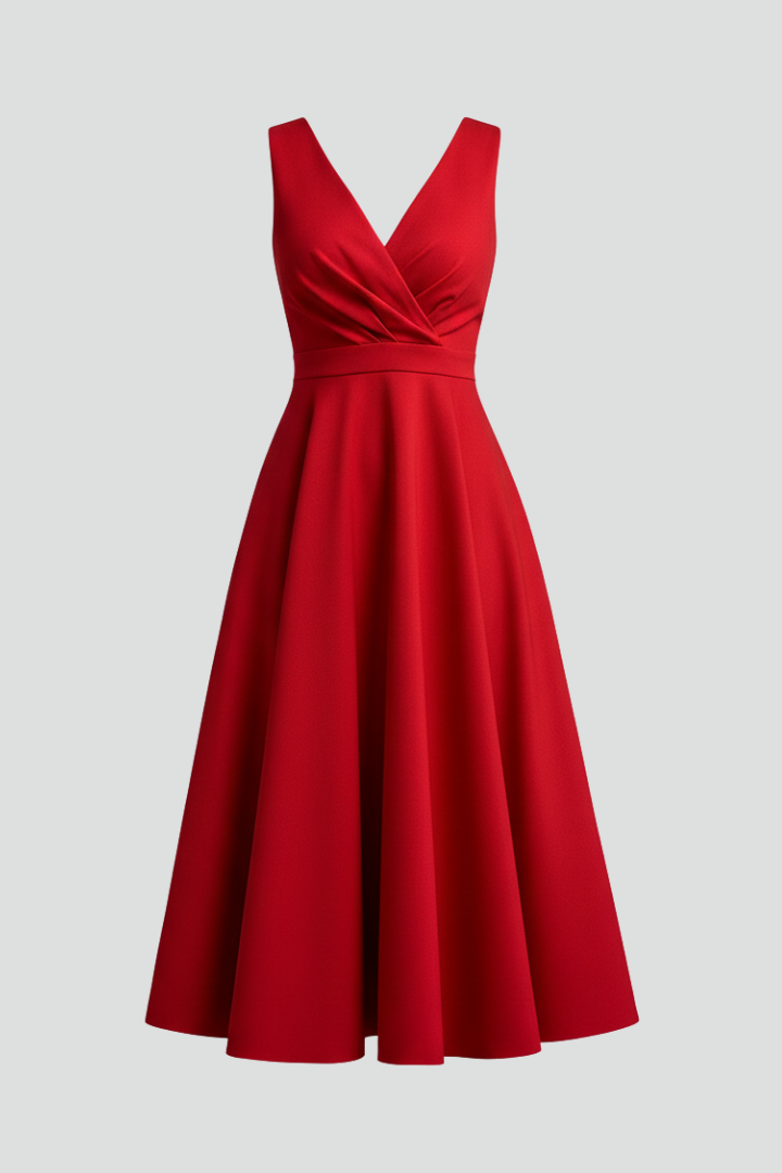 Sleeveless Women's Midi Dress with V-Neck and Hidden Zipper | Classic A-Line Dress with Flared Skirt