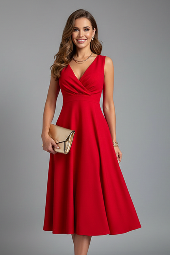 Sleeveless Women's Midi Dress with V-Neck and Hidden Zipper | Classic A-Line Dress with Flared Skirt