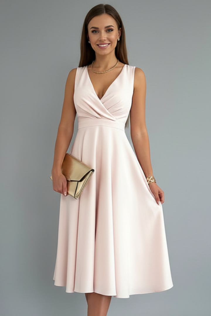 Sleeveless Women's Midi Dress with V-Neck and Hidden Zipper | Classic A-Line Dress with Flared Skirt