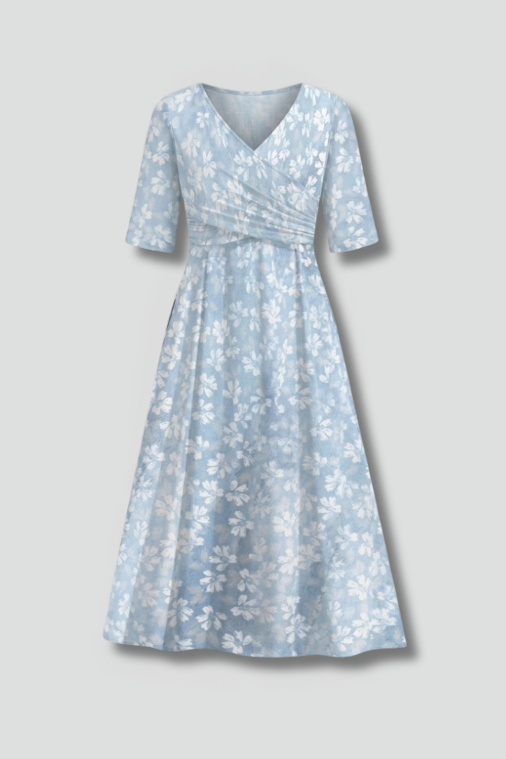 Damen Midikleid mit V-Ausschnitt und Seitentaschen | Bequemes Kurzarm Freizeitkleid mit lockerem Sitz für den Alltag