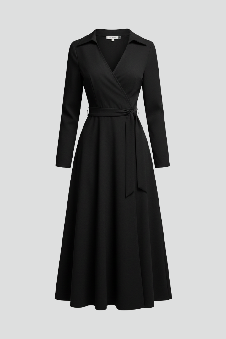 Damen Midi-Kleid mit V-Ausschnitt und Reverskragen | Langarm A-Linien Kleid mit Bindegürtel und Schlitz | Klassisches Midikleid