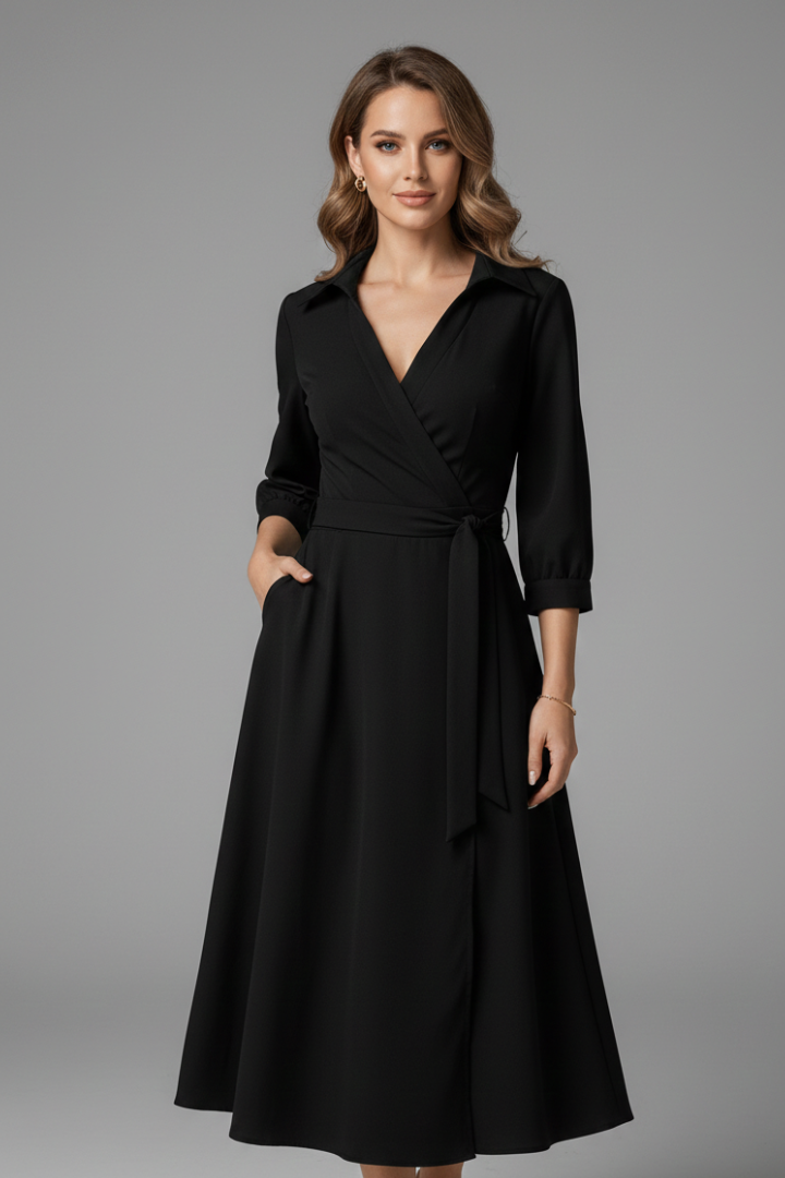 Damen Midi-Kleid mit V-Ausschnitt und Reverskragen | Langarm A-Linien Kleid mit Bindegürtel und Schlitz | Klassisches Midikleid