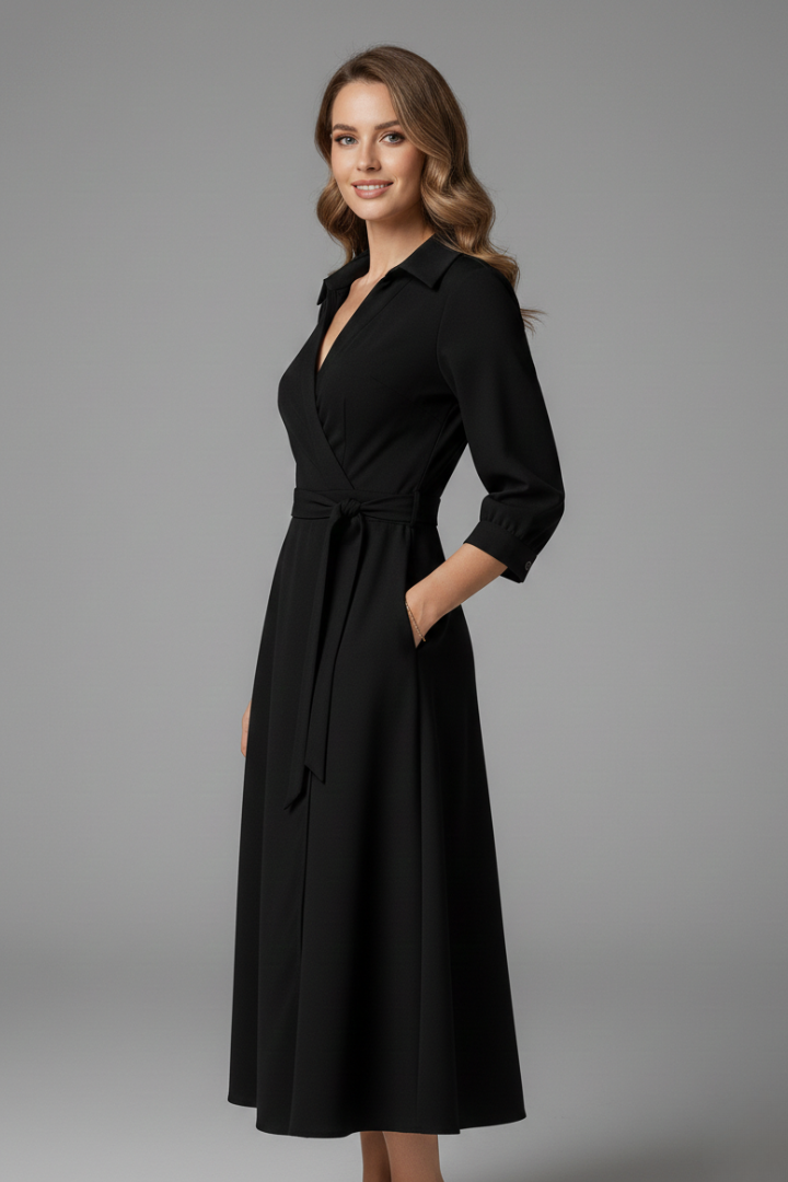 Damen Midi-Kleid mit V-Ausschnitt und Reverskragen | Langarm A-Linien Kleid mit Bindegürtel und Schlitz | Klassisches Midikleid