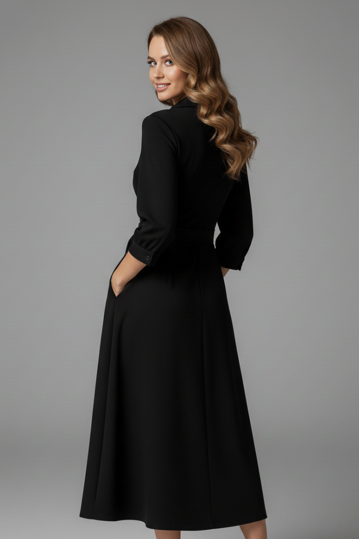 Damen Midi-Kleid mit V-Ausschnitt und Reverskragen | Langarm A-Linien Kleid mit Bindegürtel und Schlitz | Klassisches Midikleid
